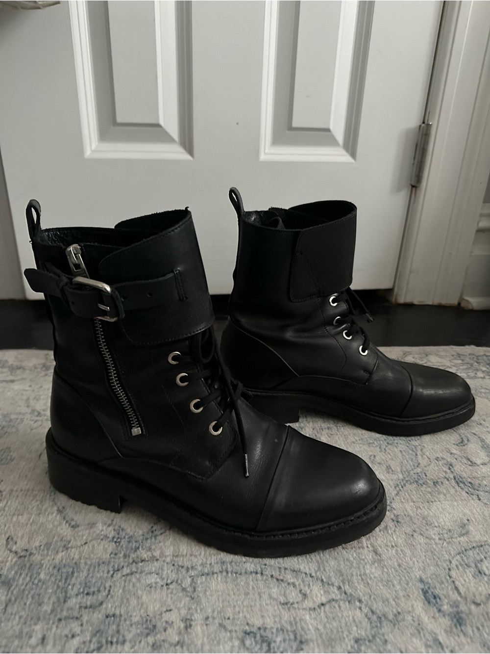 All Saints Black Leather Lace-Up Buckle Ankle Boots